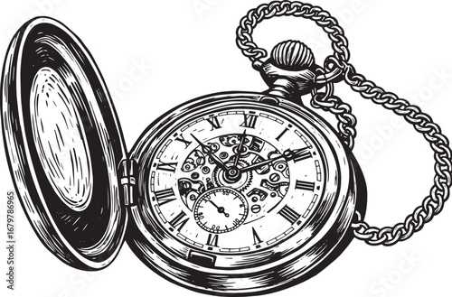 Engraved antique pocket watch illustration with intricate detail