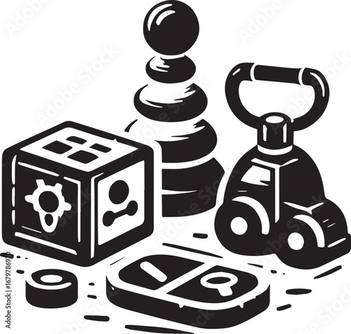 Minimalist playtime: Sumi-e style toy set icon with bold brush s