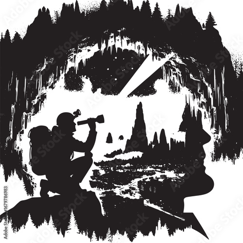 Silhouette of a Cave Explorer with a Headlamp Exploring a Mysterious Underground Cave System