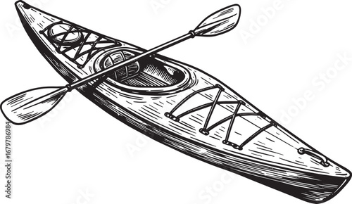 Detailed woodcut illustration of a kayak with paddle, a vector d