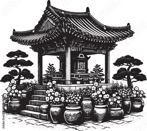 Detailed black and white illustration of a traditional asian pagoda with ornamental elements