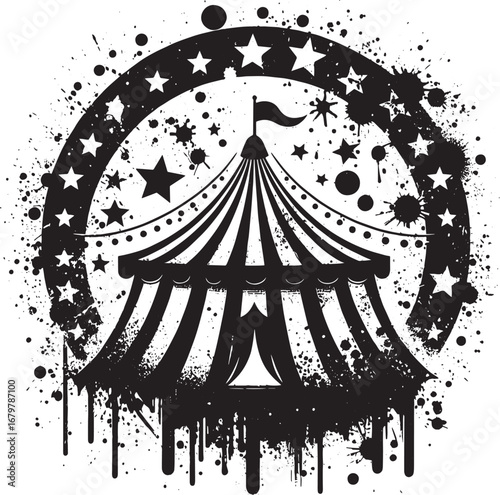 Black and white illustration of a circus tent with stars and grunge elements in a circle