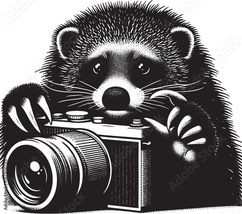 An adorable cartoon raccoon holding a vintage camera, perfect for photography lovers and projects