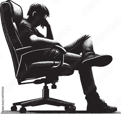 Silhouette of a person sitting in an office chair, appearing thoughtful or stressed