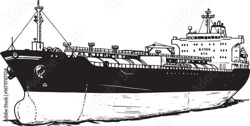 Monochrome Woodcut Illustration of Oil Tanker Vessel for Commerc