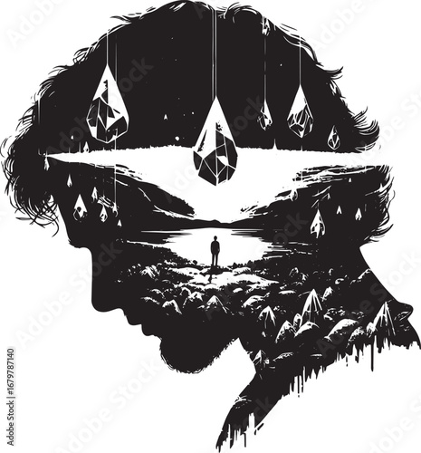 Silhouette artwork depicting a person's inner world, mountains, and crystal-like formations