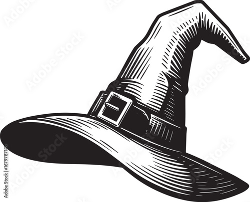 Engraved Witch's Hat Illustration in Black and White, Isolated o