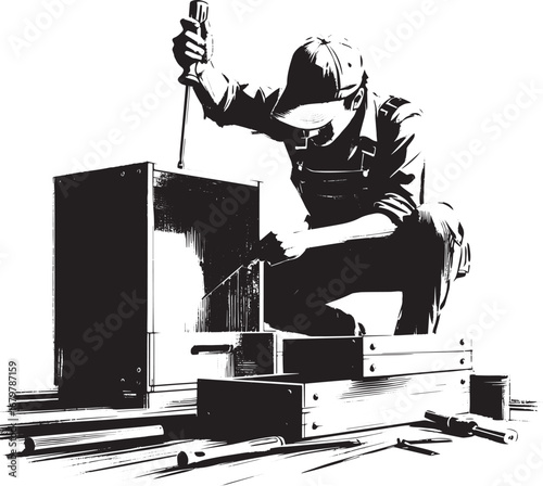 Monochrome Sumi-e Illustration of a Craftsman Assembling a Woode