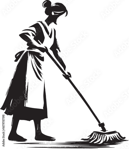 Monochrome illustration of a woman mopping a tile floor in a min