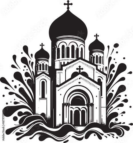 Elegant Black and White Vector Illustration of a Russian Orthodox Church with Artistic Splash
