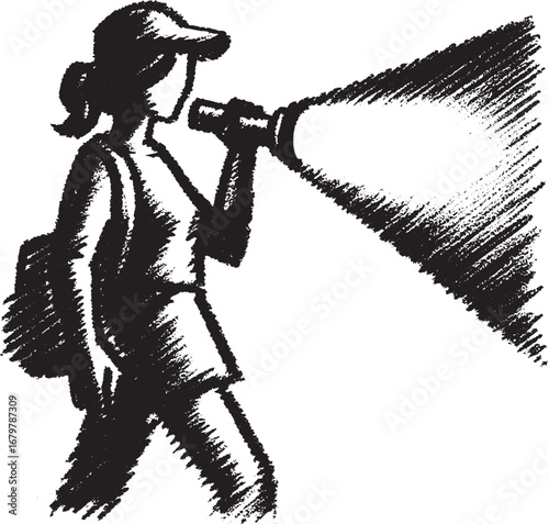 Illustration of a person holding a flashlight searching for something in the darkness