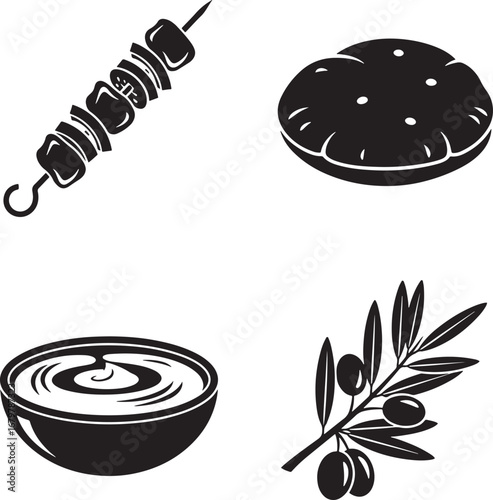 Mediterranean Cuisine Icons featuring Skewer Flatbread Dip and Olive Branch Simple Black and White Art