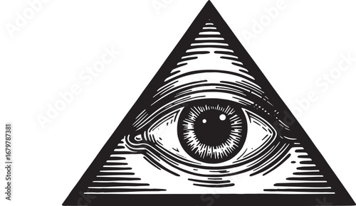 Monochrome woodcut drawing depicting an eye inside a triangular
