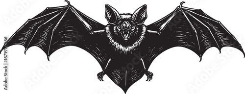 Detailed woodcut illustration of a vampire bat in flight against