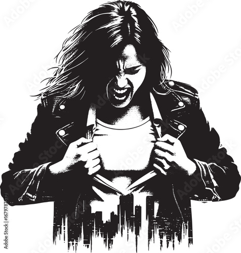 Illustration of a woman ripping her shirt open revealing a city skyline, black and white