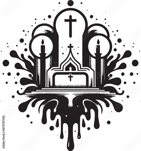 Black and White Illustration of a Church with Crosses, Candles, and Ornamental Design