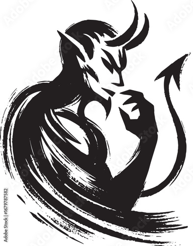 Abstract demonic figure in minimalist brush stroke, sumi-e style
