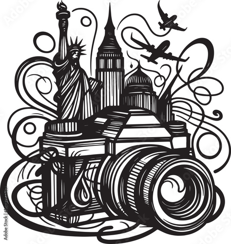 Illustration of iconic landmarks and travel elements integrated with a camera design