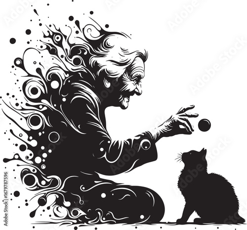 Artistic black and white illustration of an elderly woman playing with a cat silhouette