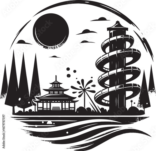 Ink wash illustration of an Asian water park with pagoda and sli