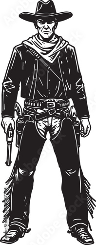 Monochrome linocut of a stern cowboy with revolver standing in a