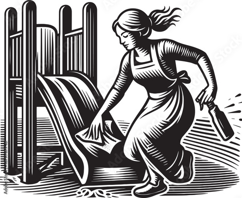 Vintage illustration of a woman cleaning a bed with a spray bottle and a cloth.