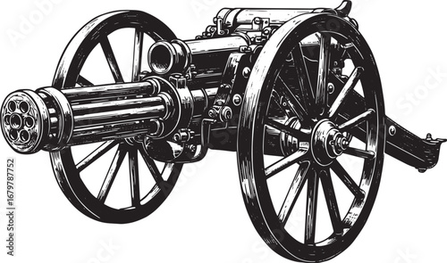 Antique Gatling Cannon Illustration Detailed Woodcut Drawing Mil