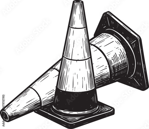 Detailed Black and White Woodcut Illustration of Intersecting Co