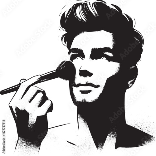 Monochrome portrait of a man applying makeup with a brush in sum