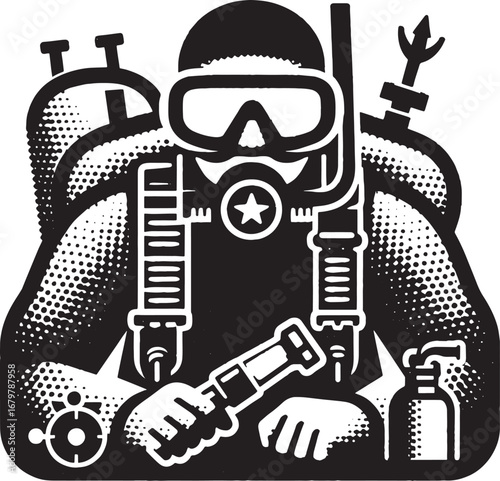 Black and White Vector Illustration of a Scuba Diver with Equipment and Tools for Exploration