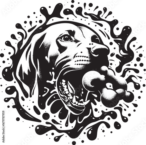 Detailed black and white dog illustration with bone and abstract splash elements design