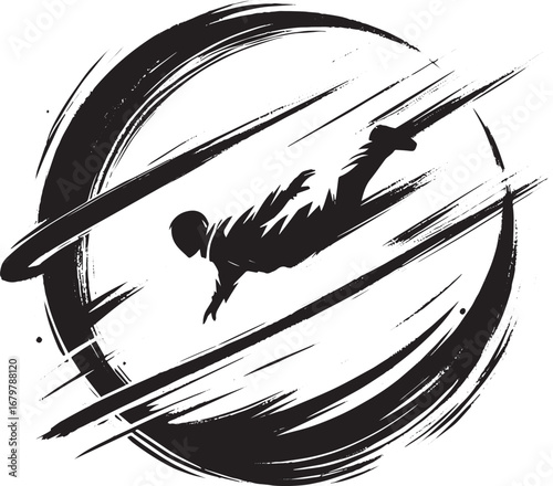 Abstract figure gliding inside artistic circle, sumi-e style mot
