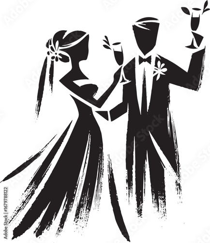 Minimalist wedding couple toasting celebration in sumi-e style b