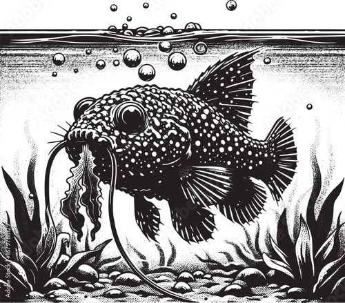 Detailed black and white illustration of a spotted fish with whiskers underwater environment