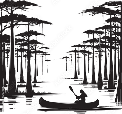 Monochromatic serenity woman paddles canoe through cypress swamp