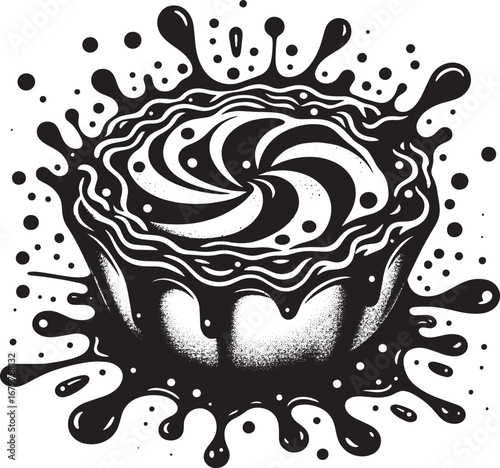 Black and White Artistic Illustration of a Delicious Swirl Cake with Splatters and Droplets