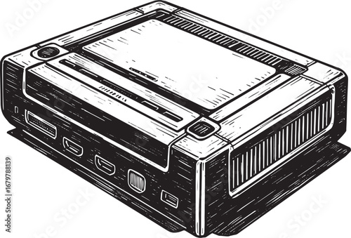 Retro Gaming Console Hand Drawn Illustration in Woodcut Style on