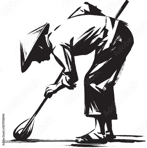 Elegant Sumi-e Illustration of a Man Working with Traditional To