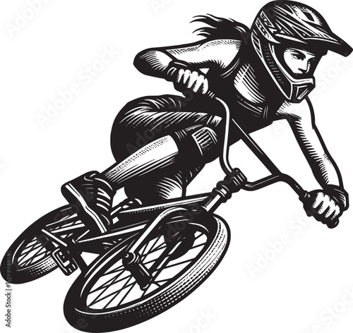 Black and white vector illustration of a female BMX rider in action, vector art style