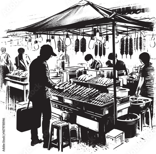 Sumi-e illustration of a vibrant open-air market featuring diver