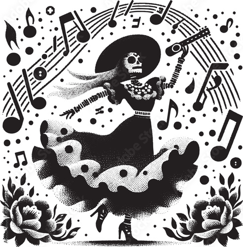 Dia de los Muertos Illustration of a Dancing Skeleton Playing Guitar with Musical Notes
