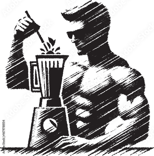 Illustration of a Muscular Man Making a Healthy Smoothie in a Blender for Fitness