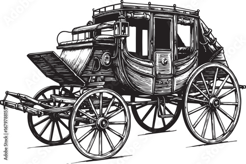 Vintage stagecoach illustration showcasing intricate woodcut det