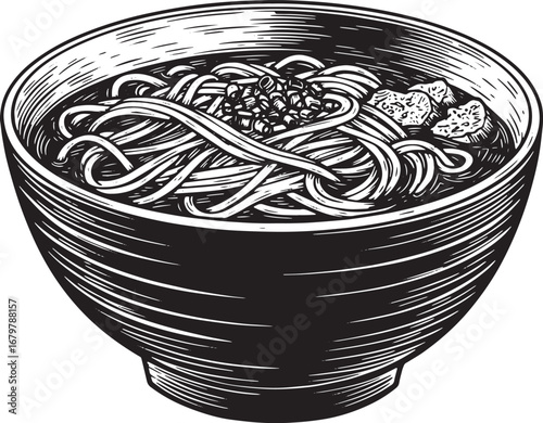 Monochrome artistic rendering of noodle soup in a woodcut style
