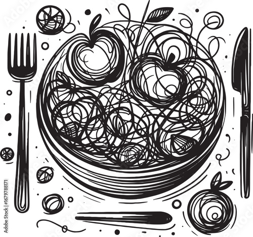 Creative Line Art Illustration of a Dish with Apples and Cutlery in Black and White Design