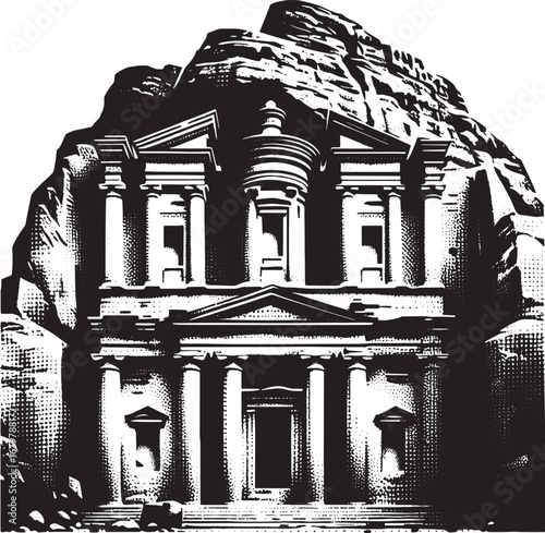 Monochrome Illustration of the Treasury in Petra, Jordan: Ancient Architecture and Carvings
