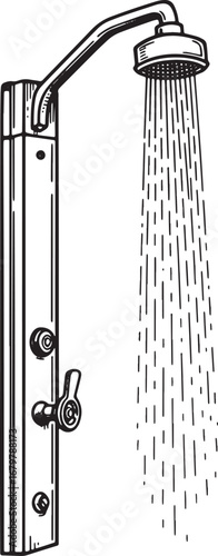 Detailed woodcut illustration of a functional safety shower with