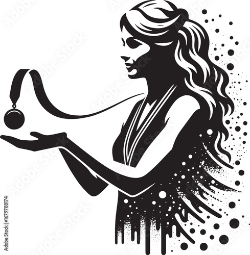 Silhouette of a woman holding a medal representing achievement, success, and victory elegantly