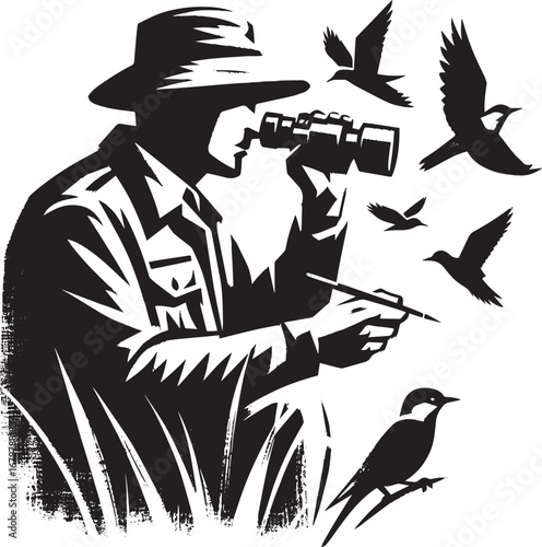 Wildlife expert observes birds with binoculars in minimalist sum