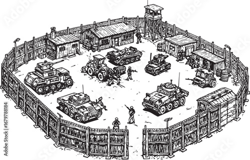 Military Outpost Illustration: Detailed Black and White Armored
